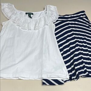 Lauren Ralph Lauren White Eyelet Ruffle Tank with Navy Stripe Skirt